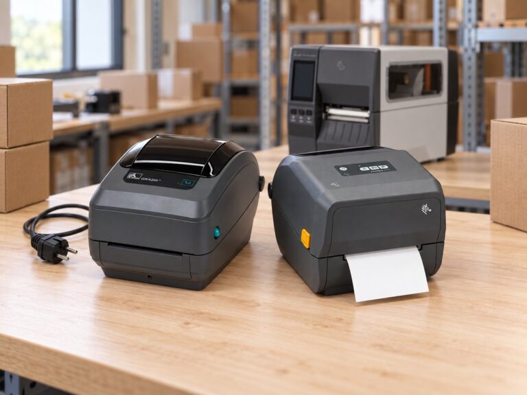 Zebra GK420t spenta accanto alla nuova Zebra ZD421 su un banco di magazzino, con una Zebra ZT231 sullo sfondo